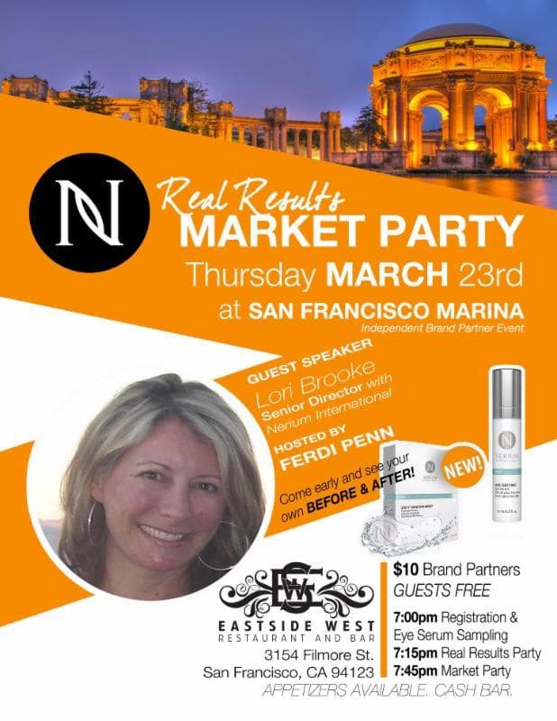 Nerium Market Party flyer listing Lori Brooke as Senior Director